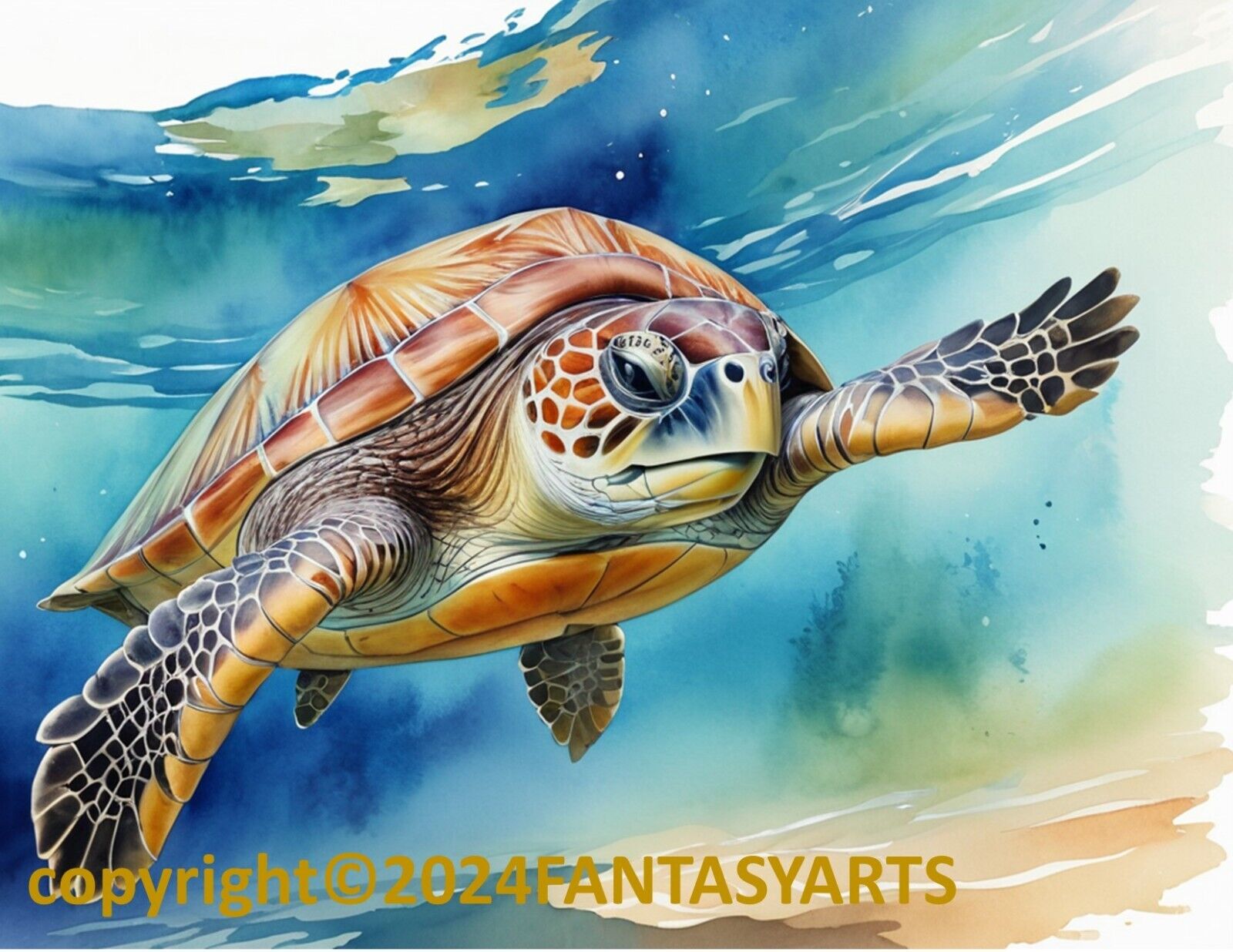 Sea Turtle Swimming Artist's Rendering Faux Watercolor Photo Print 8.5
