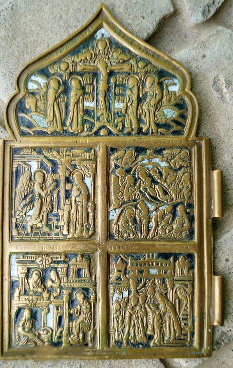 Antiques Orthodox 3 Enamels Russian Bronze KEELED Icon HOLIDAYS 1913 917