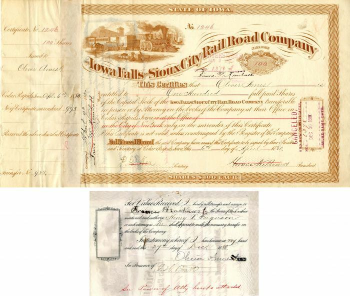 Iowa Falls and Sioux City Rail Road Co. Issued to and signed by Oliver Ames - St
