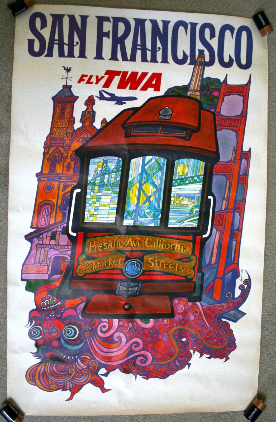 FLY TWA SAN FRANCISCO Vintage Travel Poster ORIGINAL 40x25 David Klein 1960s VG