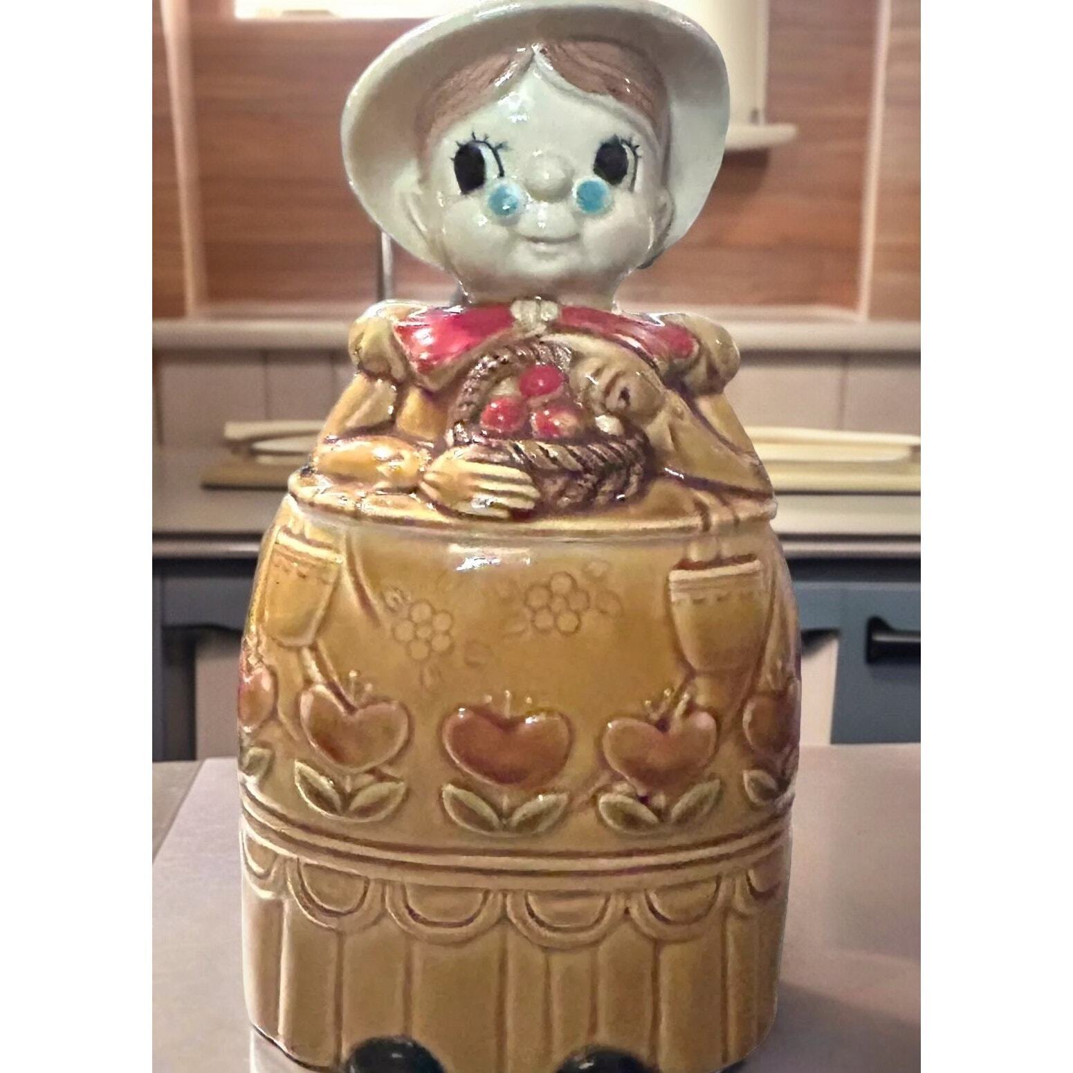 Vtg Grandma Cookie Jar Ceramic Japan Apples in Basket Hat Collectible Home Decor