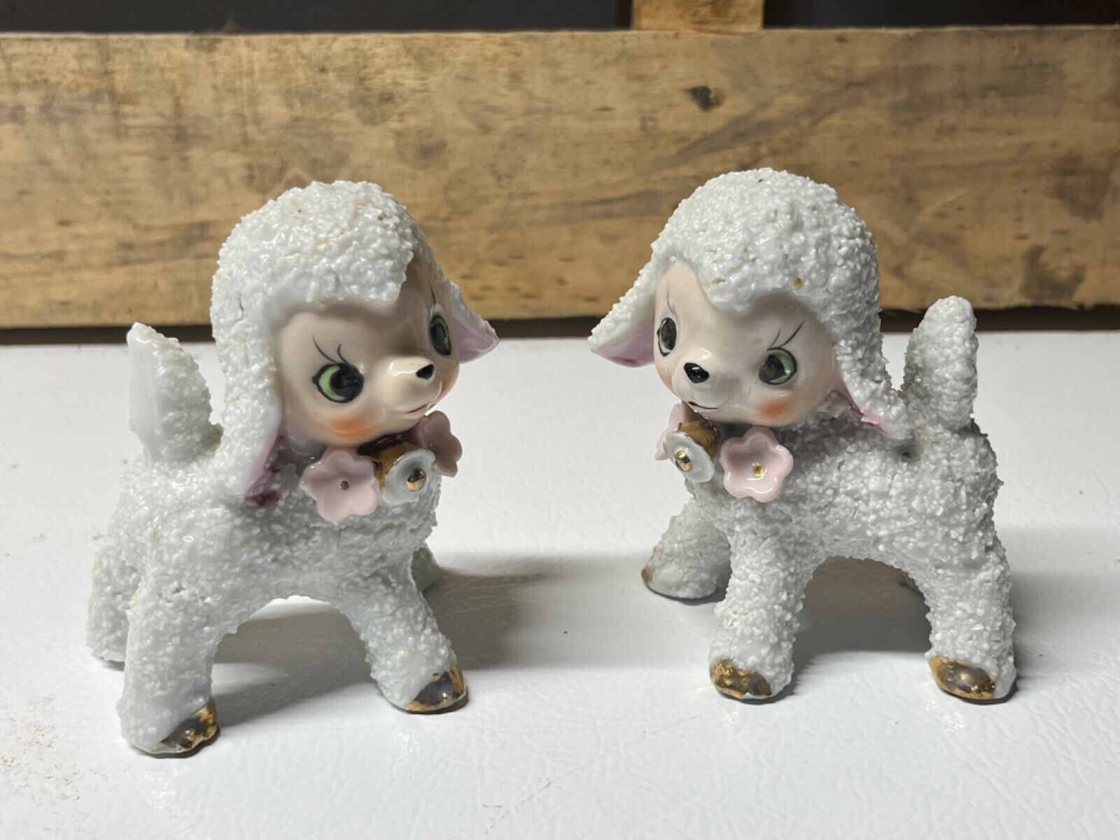 2 Vtg Sugared Lamb Figurine Anthropomorphic Japan Green Eyes Flowers Bell 3.5