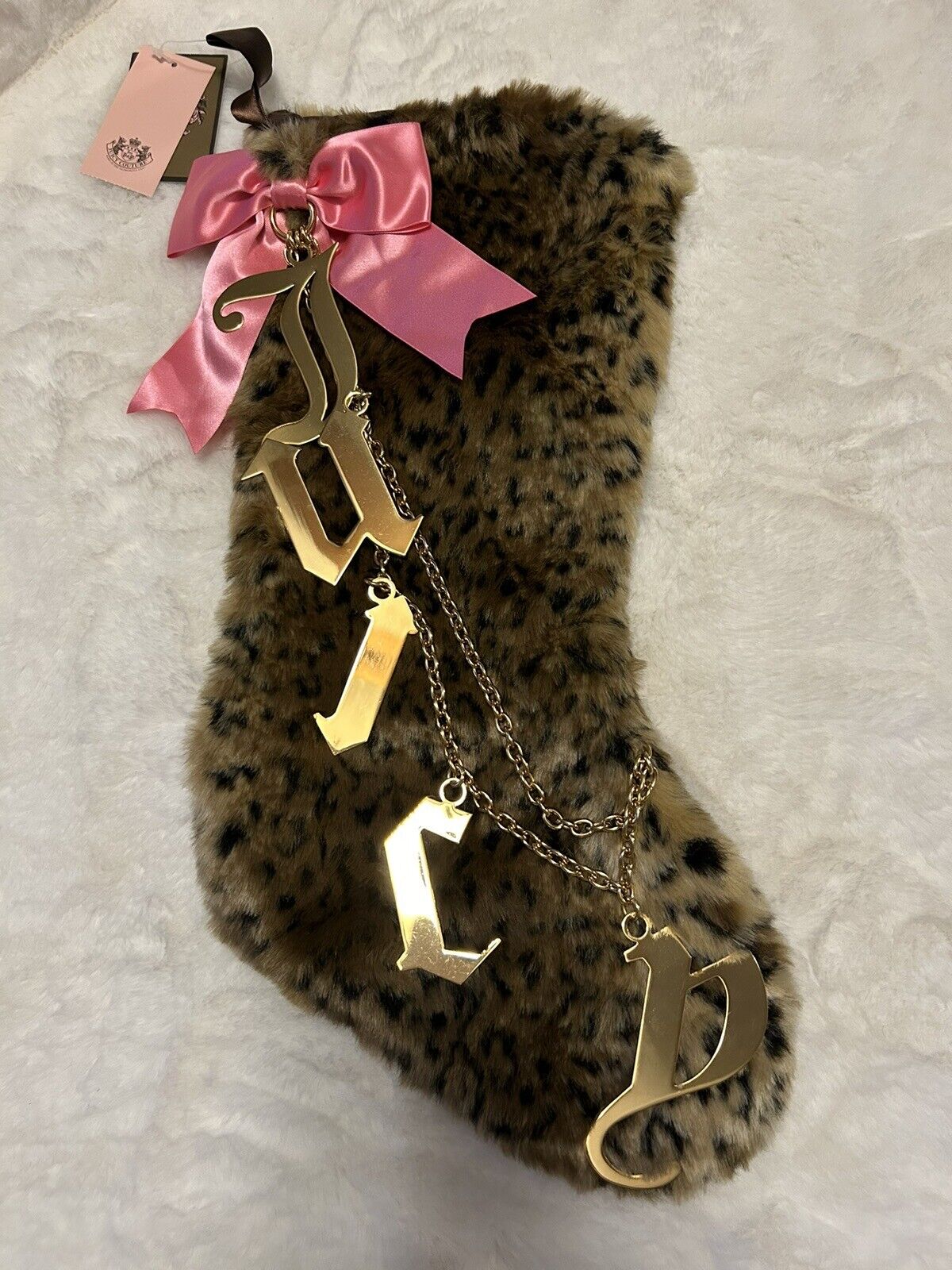 NWT Juicy Couture Vintage 2009 Leopard Faux Fur Metal JUICY Christmas Stocking