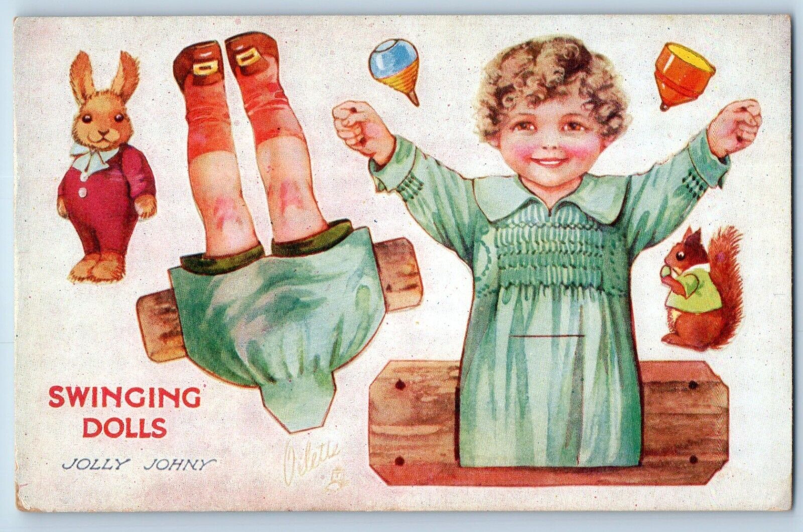 Tuck Postcard Swinging Dolls Jolly John Directions Oilette c1910's Antique