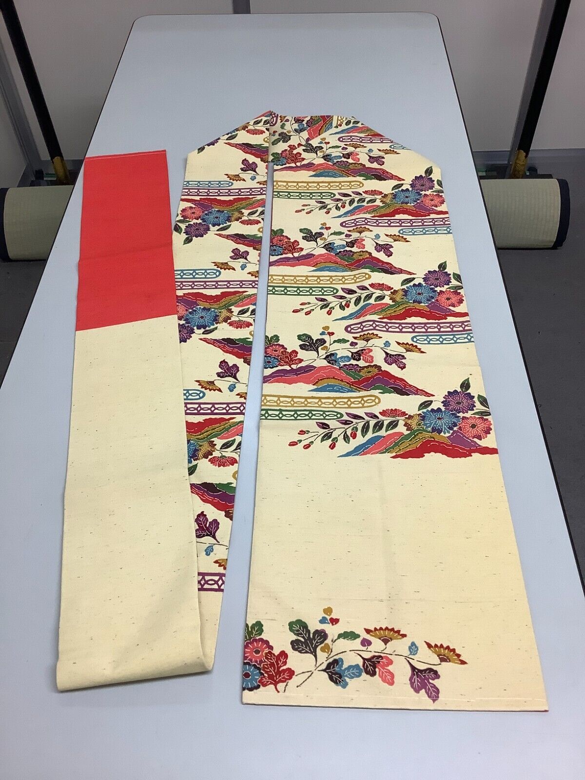 Japanese Vintage Kimono Nagoya Obi cotton beige flower tradition 135.4x11.8inch