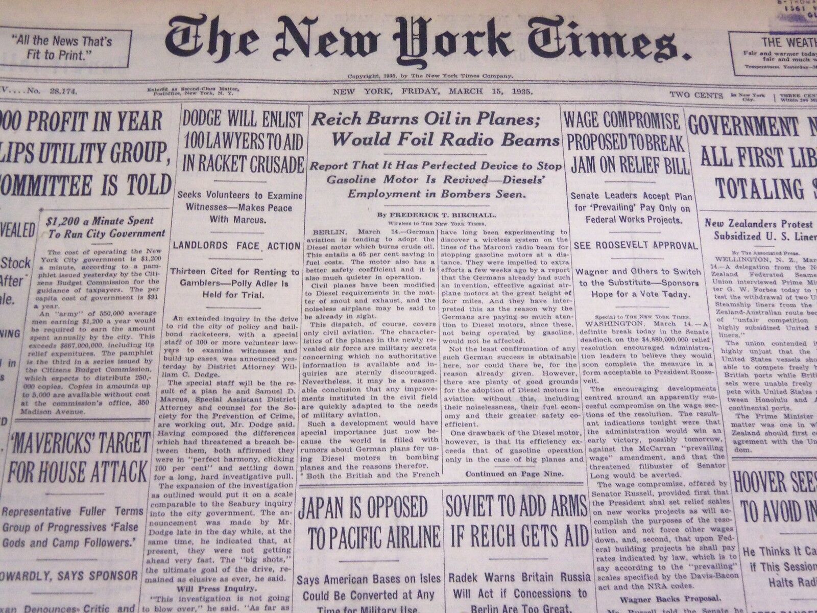 1935 MARCH 15 NEW YORK TIMES - REICH BURNS OIL IN PLANES - NT 3820
