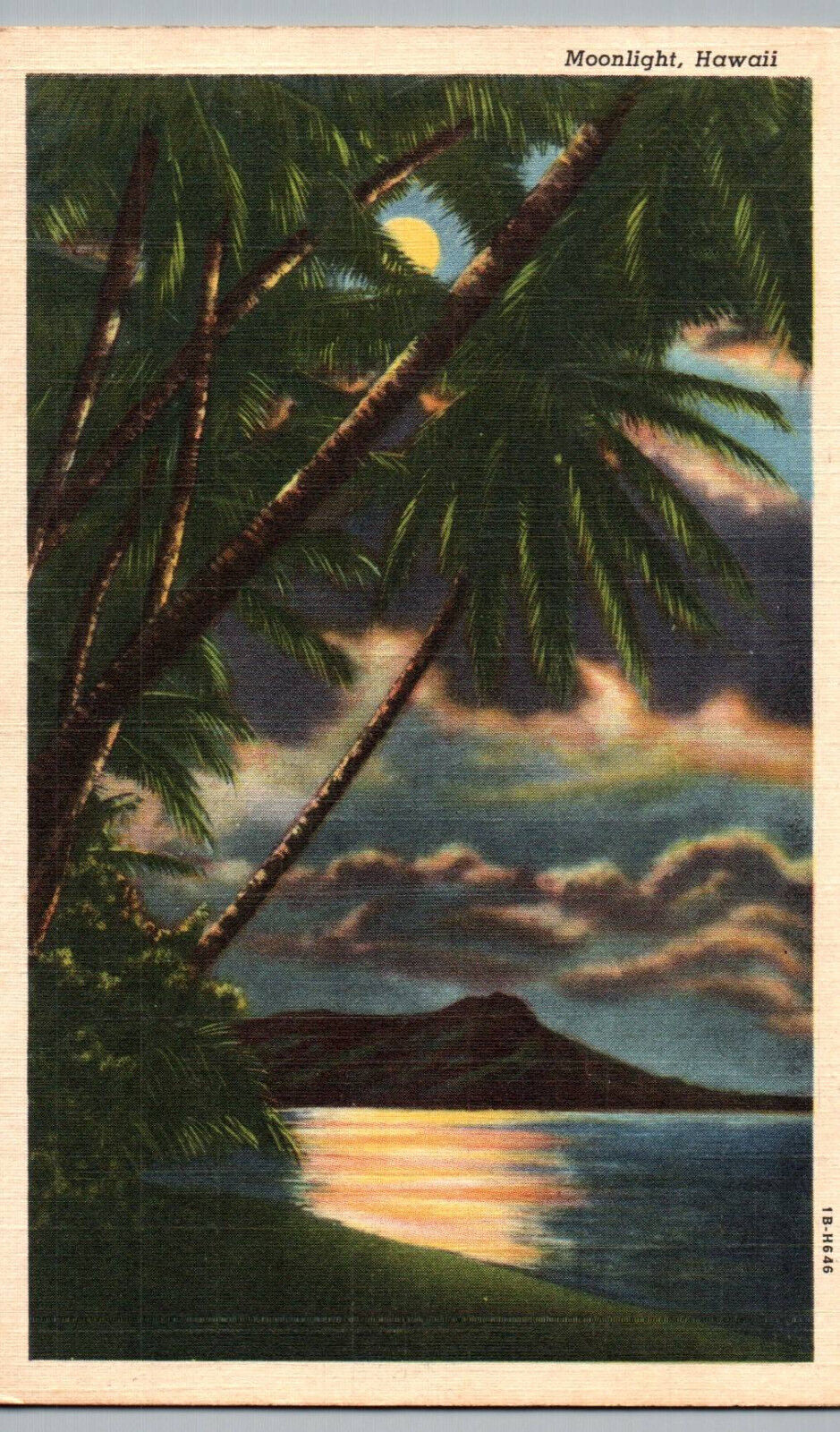 Hawaii Postcard Vintage Linen Moonlight Palms Tree Night Ocean HI Islands Card