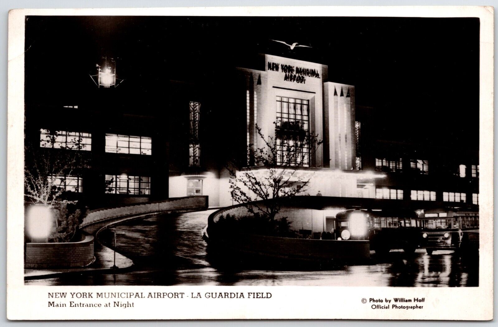 RPPC Postcard New York City NYC La Guardia Airport Entrance Night 1940s