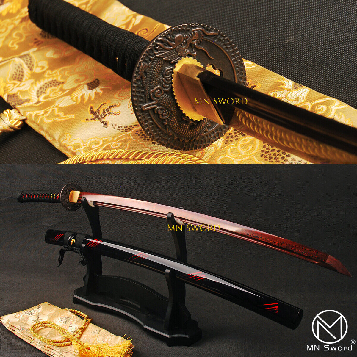 Hand Forged Folded Steel Red Blade Japanese Sword Samurai Katana Dragon Tsuba