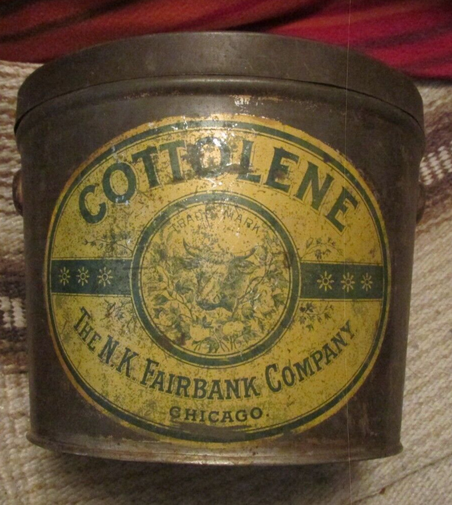 antique tin Cottliene N.K.Fairbank Co chicago pic bull shortening top embossed