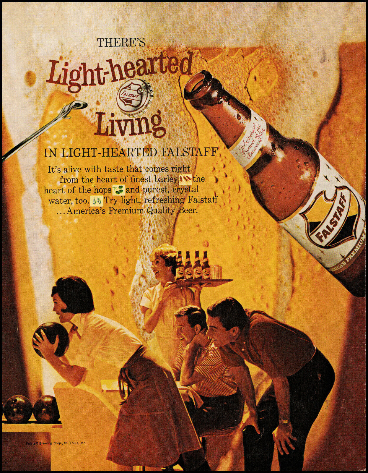 1962 Falstaff Beer Couples Bowling Night foam glass retro photo print ad adL72
