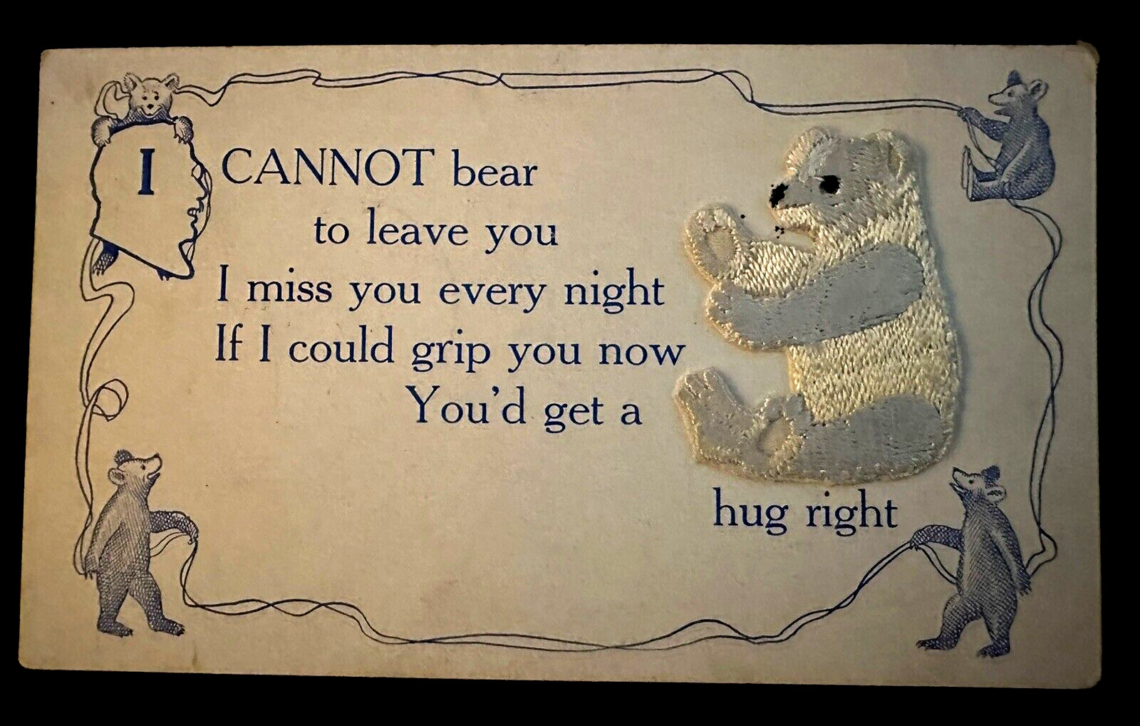 Cute~Silk  Embroidered Teddy Bear Antique Novelty Greeting Vintage Postcard~k391