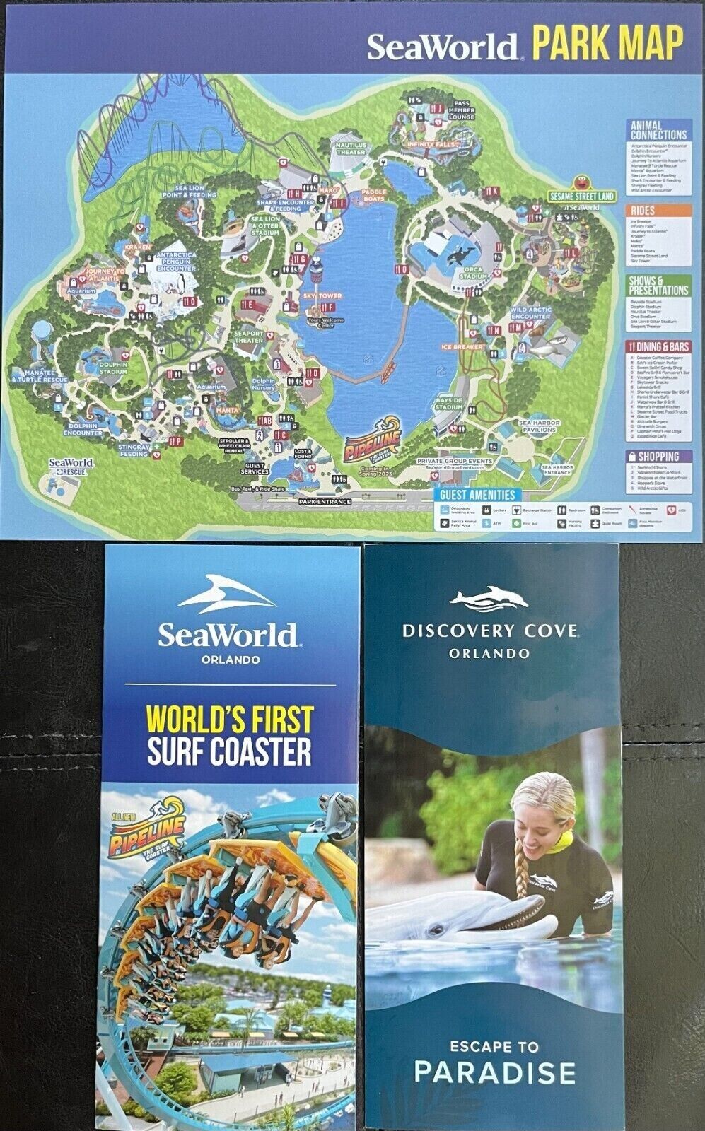 2024 Sea World Orlando Park Guide Map + Sea World and Discovery Cove Brochures
