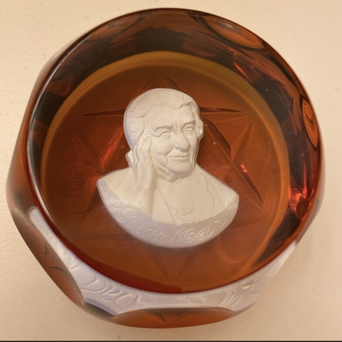 CRISTAL D'ALBRET Golda Meir Faceted Sulfide Paperweight French Judaica Glass