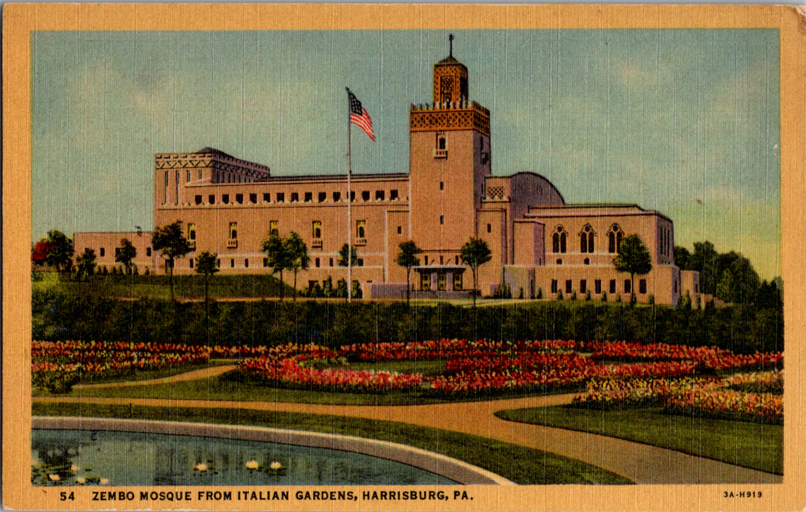 C. 1930's Zembo Mosque View From Italian Gardens Harrisburg PA Postcard