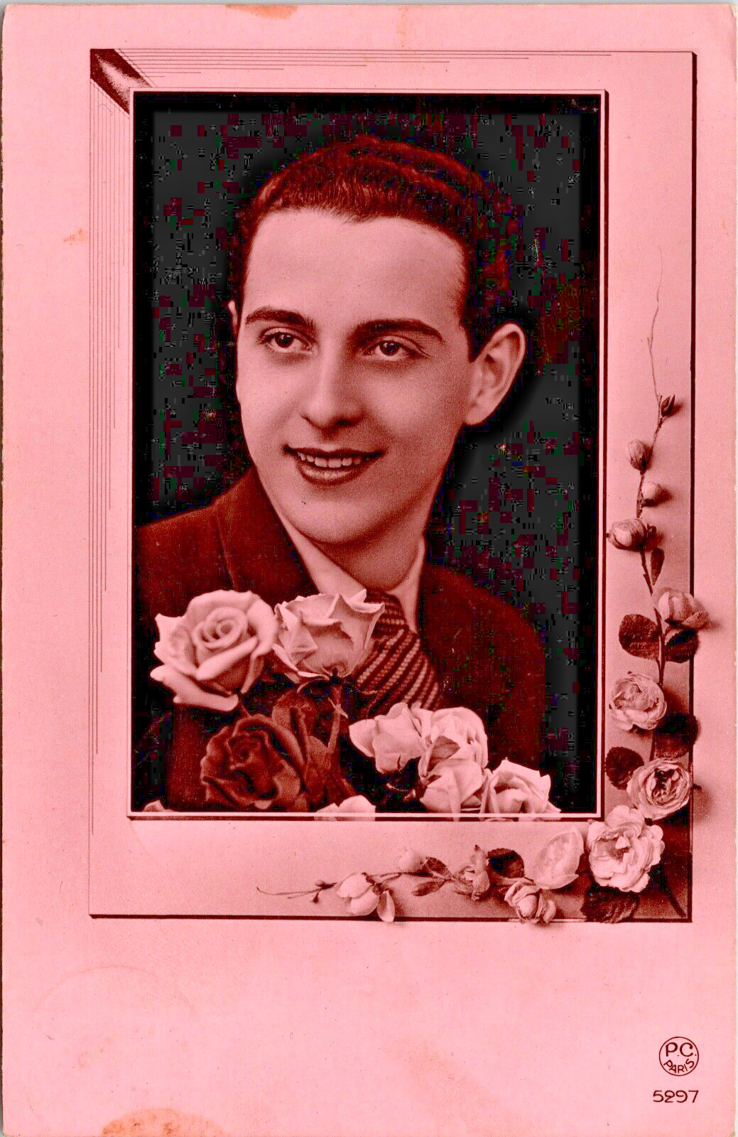 RPPC Man With Roses Pink Tint Gel Card Head Shot  P.C. Studio P.U. 1944 (N-132)