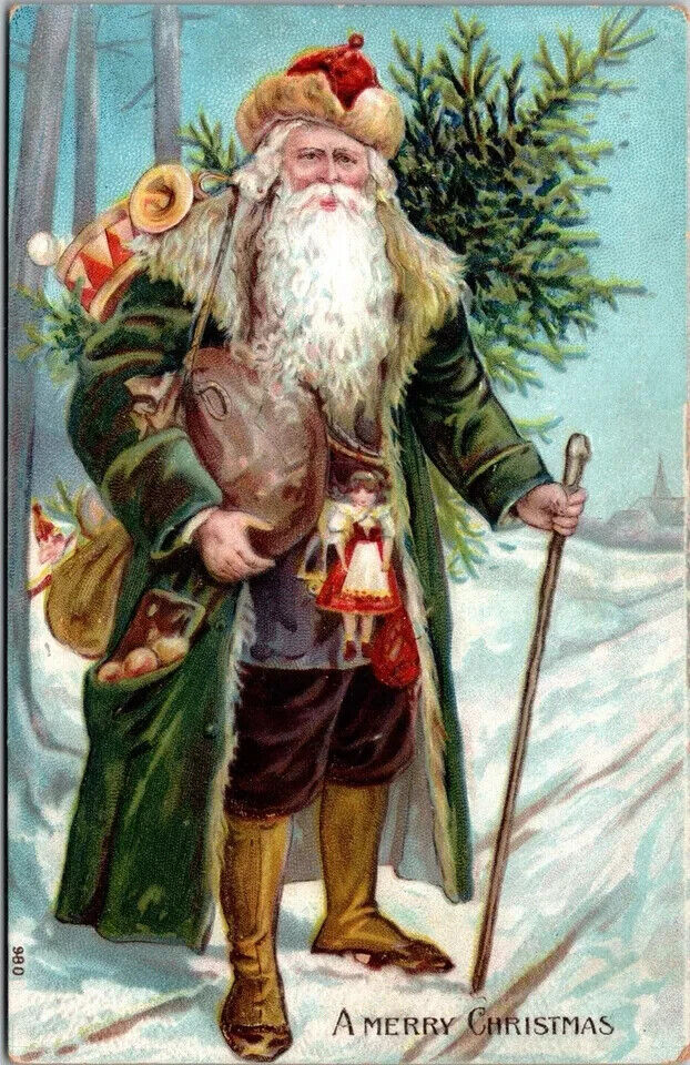 Long Green Robe Santa Claus with Tree~Toys~Antique Christmas Postcard~k483