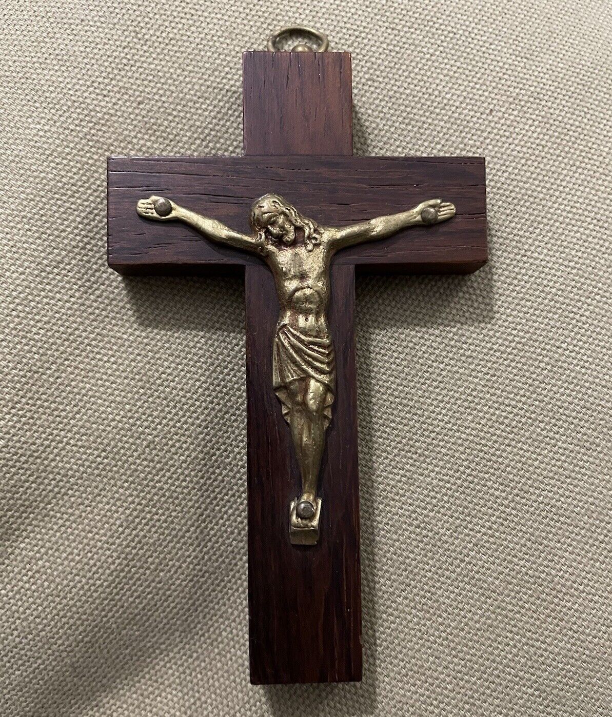 Vintage pectoral cross Brown wood 4.5 Silver Crucifix Brown Metal Altar Server