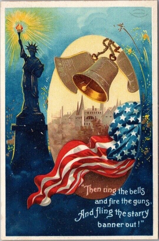 c1910s FOURTH OF JULY Postcard Statue of Liberty / U.S. Flag / Artist CLAPSADDLE