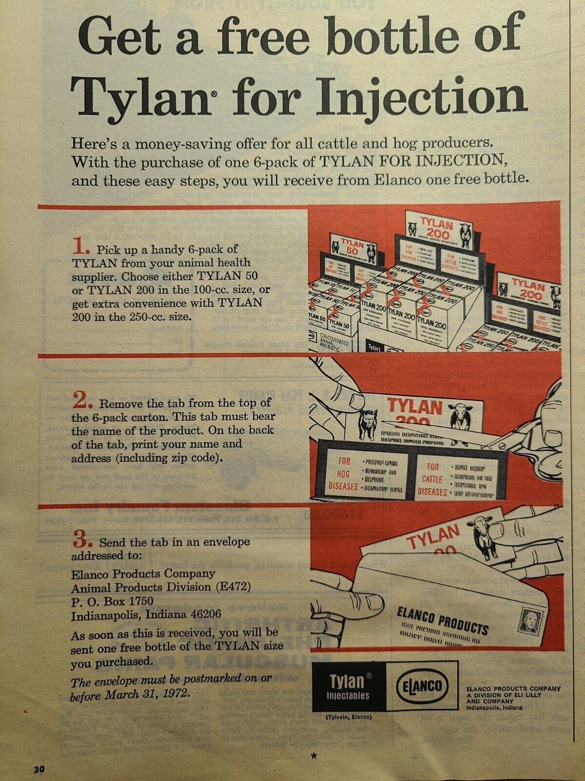 Vintage Print Ad 1972 Tylan Elanco Tylosin Injection Hog Cattle Antibiotic