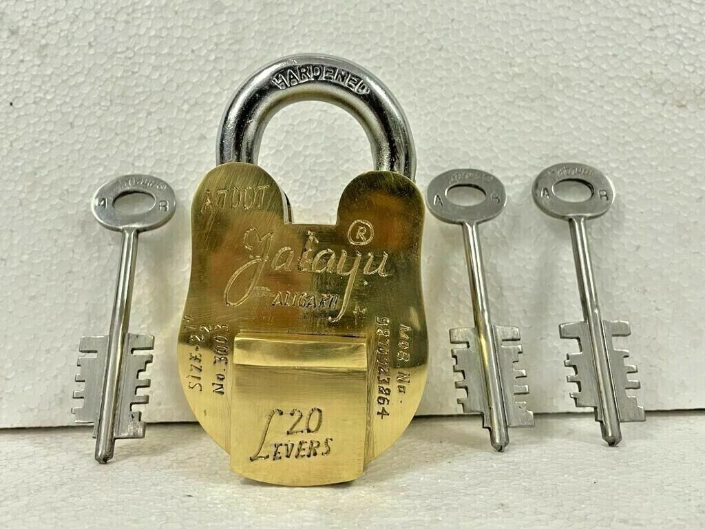 HANDCRAFTED BRASS ANTIQUE 20 LEVERS FUNCTIONAL HEAVY DUTY PADLOCK WITH 3 KEYS