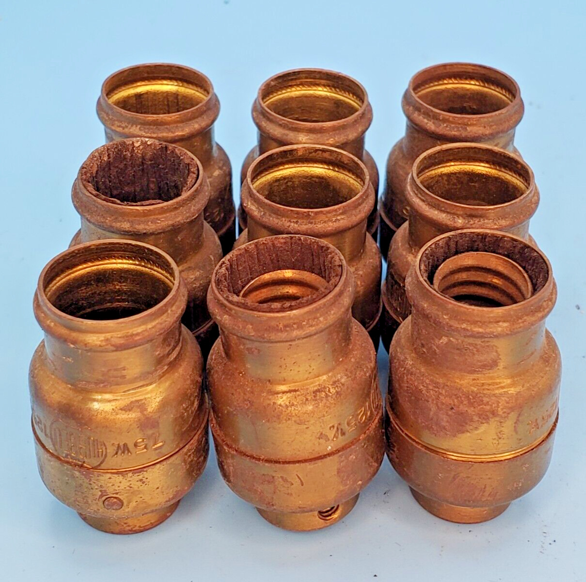 9 RARE Antique HUBBELL Small Brass Keyless Candelabra Base Light Socket Parts