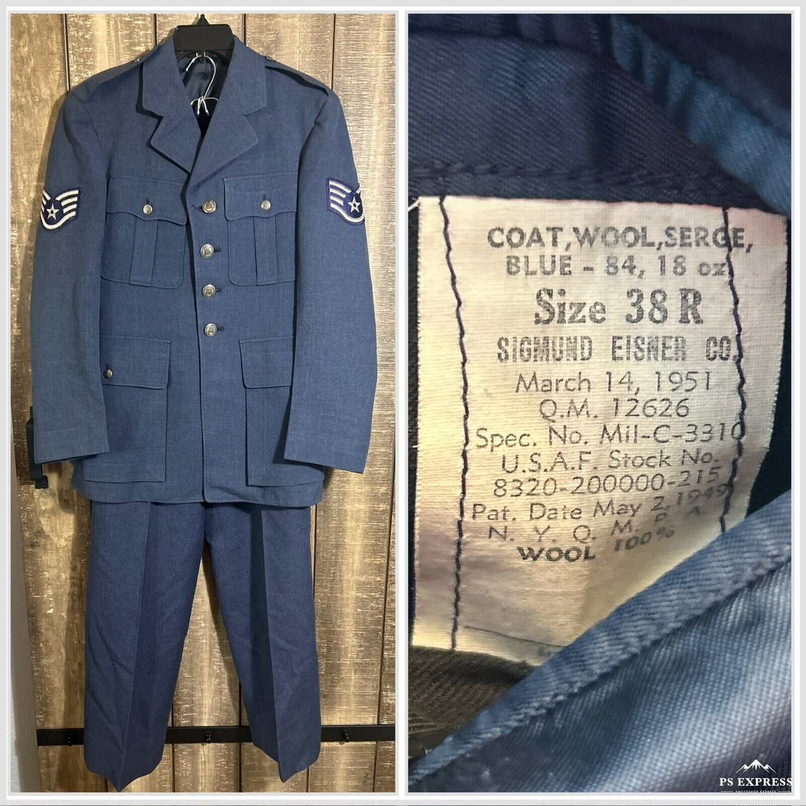 USAF Staff Sergeant Korean War 1951 Blue Service Uniform Coat 38R Pants 28 x 33