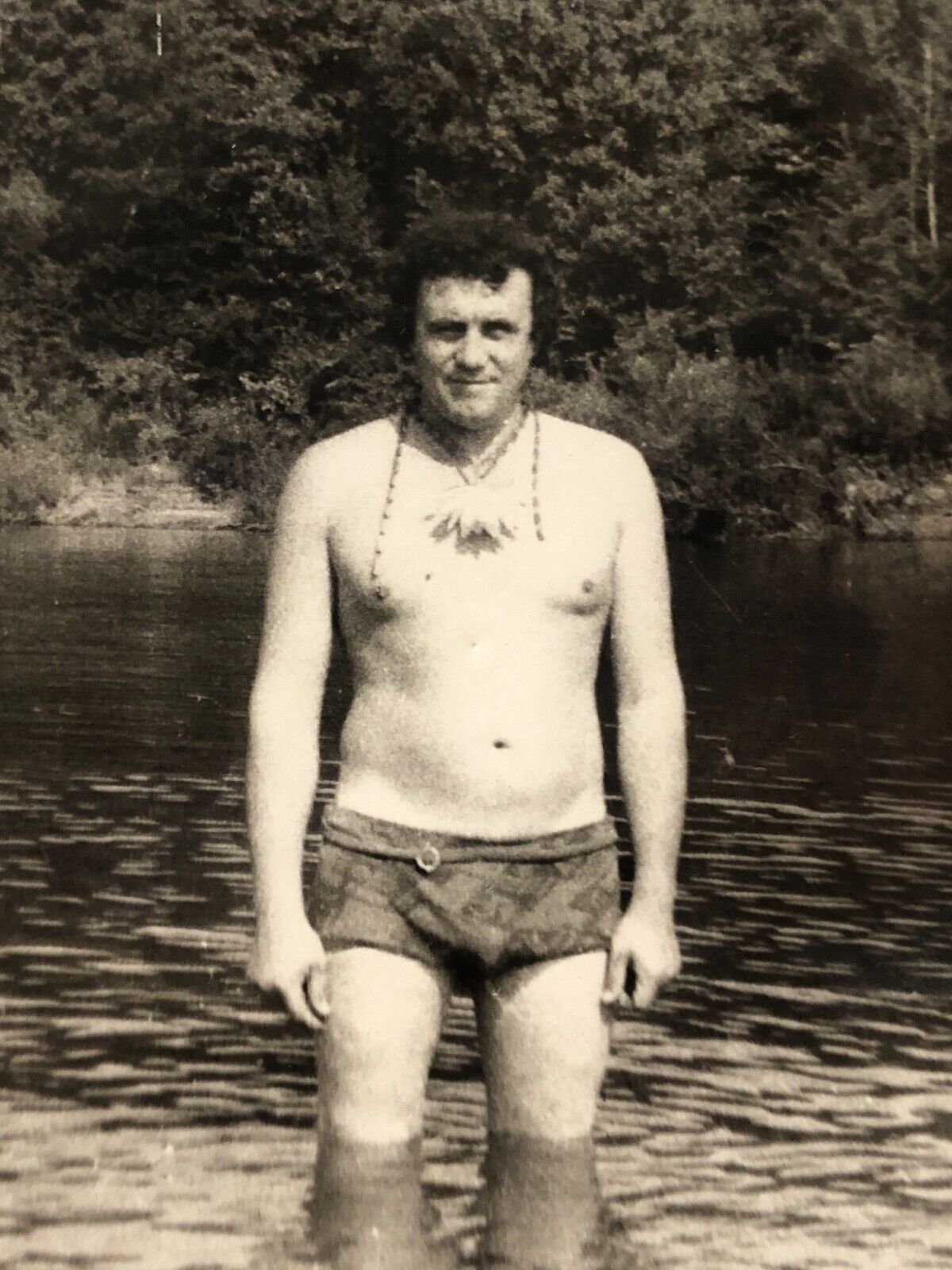 1960s Handsome Affectionate Shirtless Man Trunks Bulge Gay int Vintage Photo