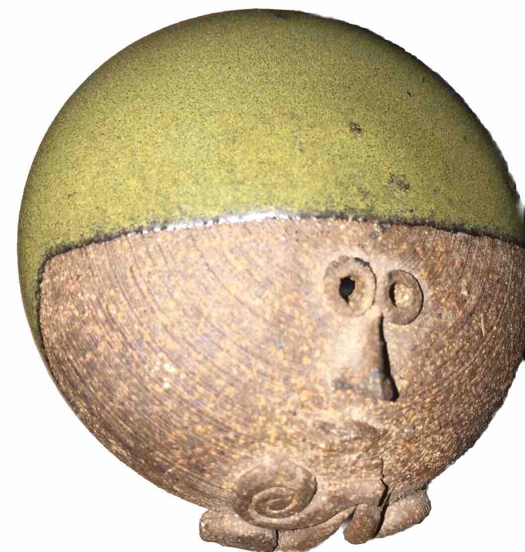 Unique Clay Half glazed Round Figure Face Round Green & Brown Earth tone Colors
