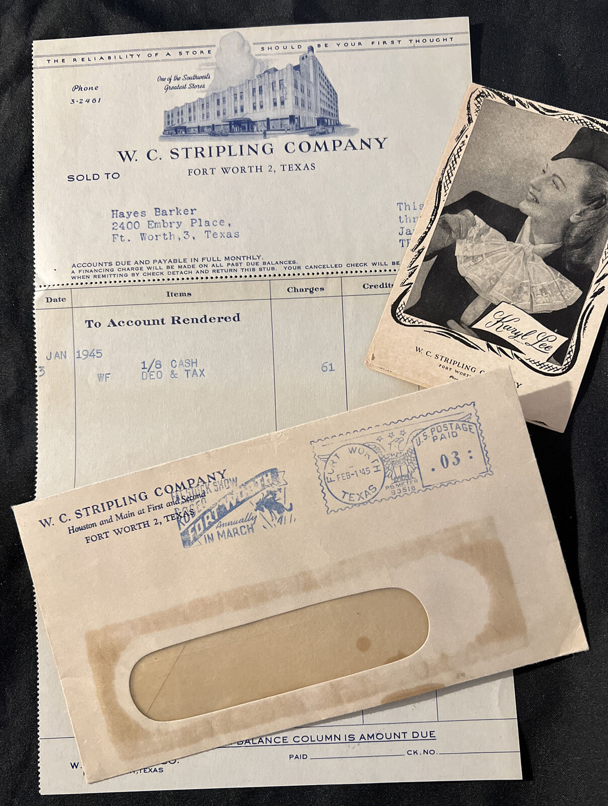 Vtg 1945 FT WORTH Texas W.C. STRIPLING Company Invoice / Envelope / Brochure