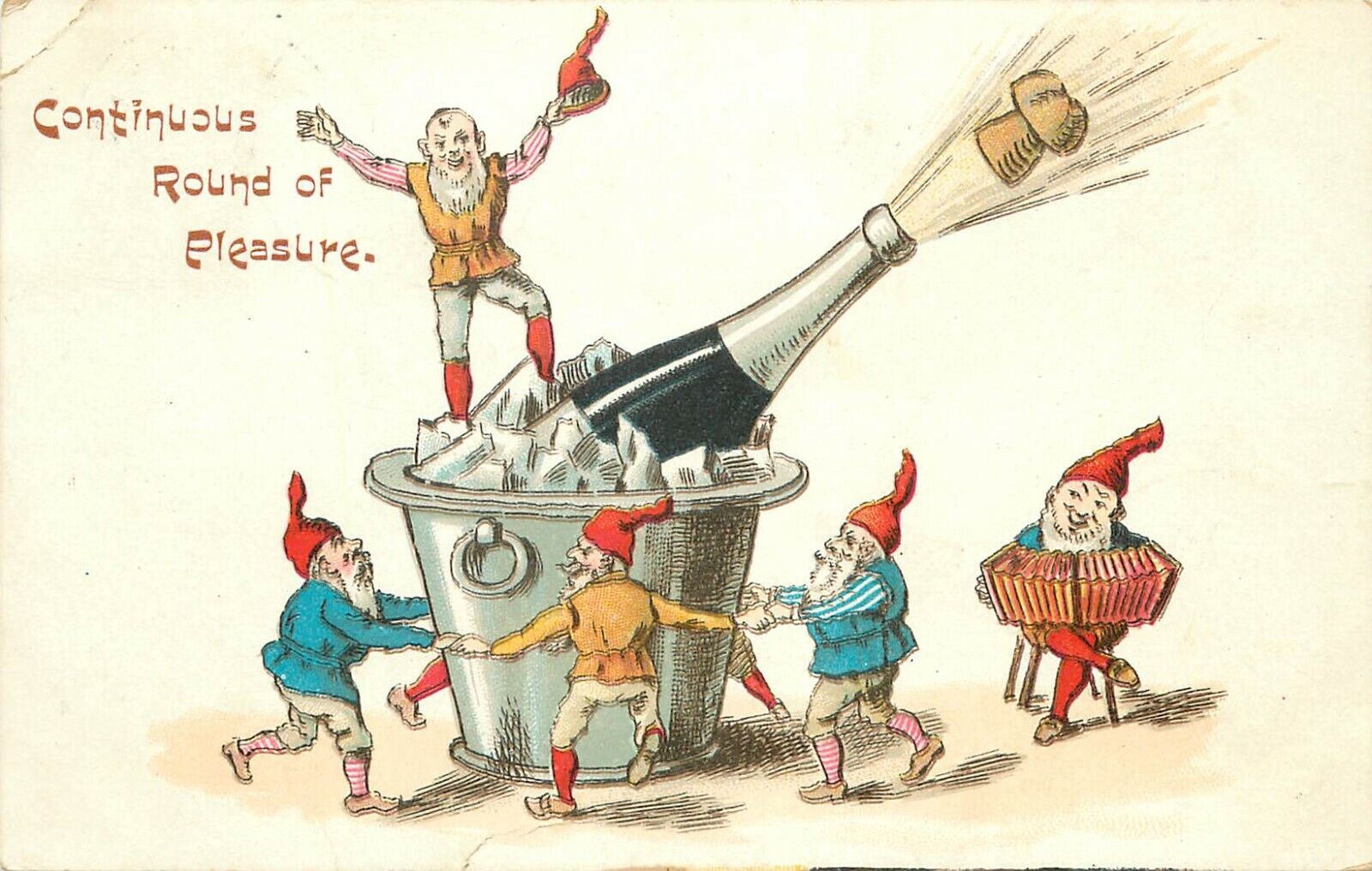 c1905 Christmas Postcard; Tiny Gnomes Pop Champagne Cork, a Round of Pleasure