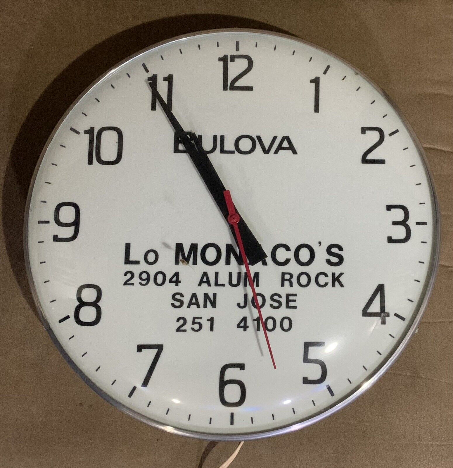 Vtg Lo Monaco’s Jewelers 2904 Alum Rock San Jose Ca. Bulvoa Lighted Wall Clock