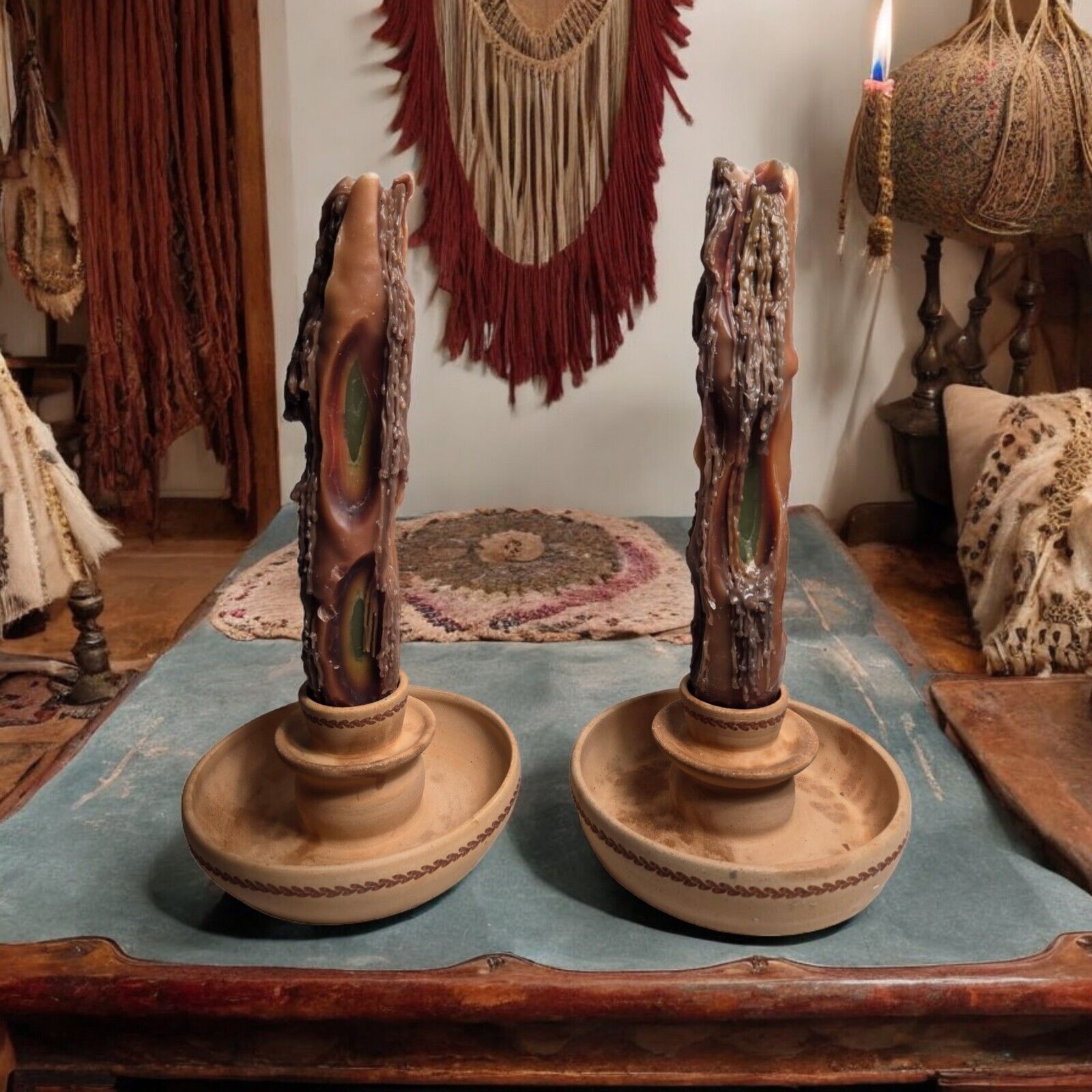 Rare Vintage Drip Candles With Terracotta Pots Holders  Hippie Retro Boho Decor 