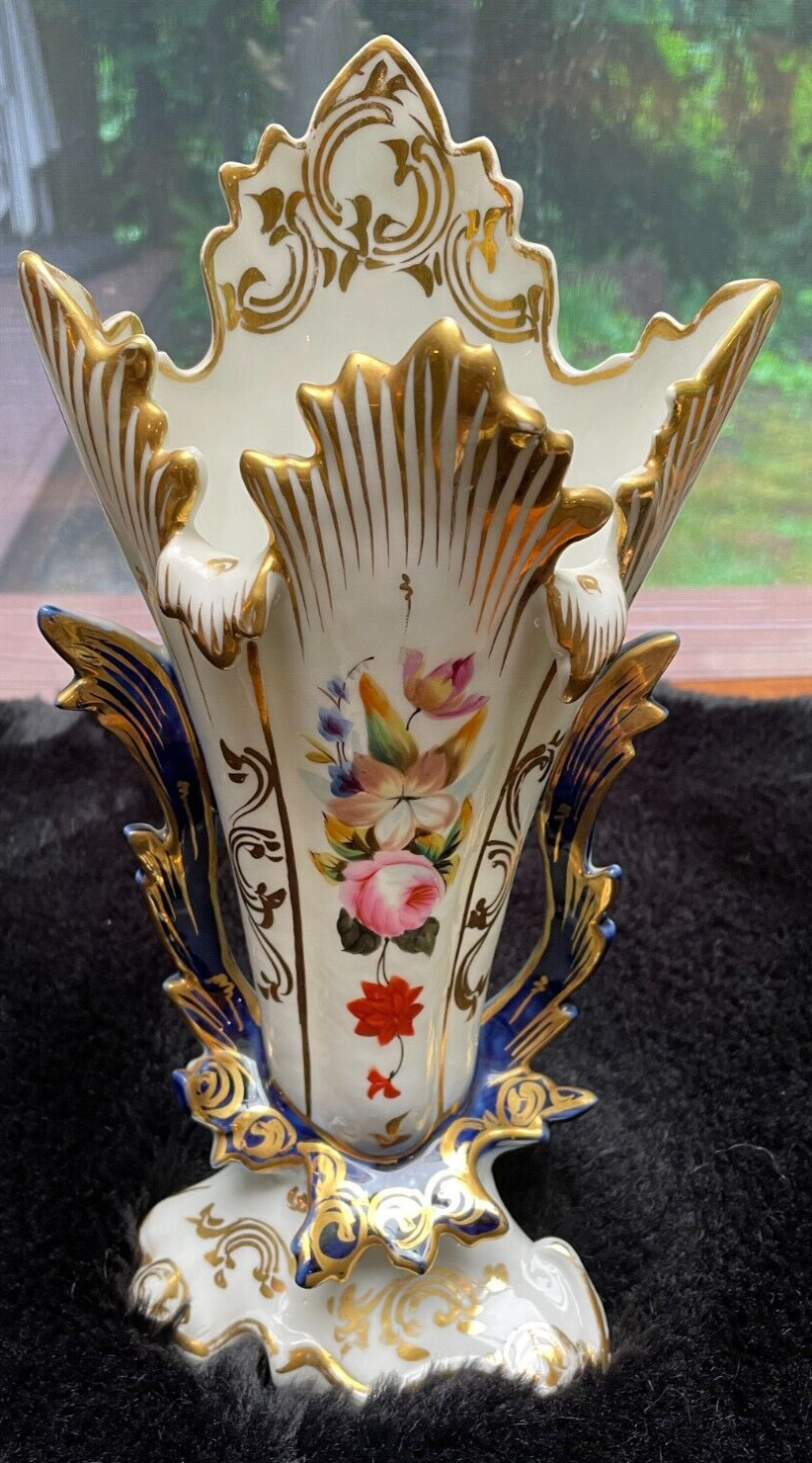 Antique Vieux Paris White & Gold Trim Porcelain Pique Fleur Cornet Rose Vase