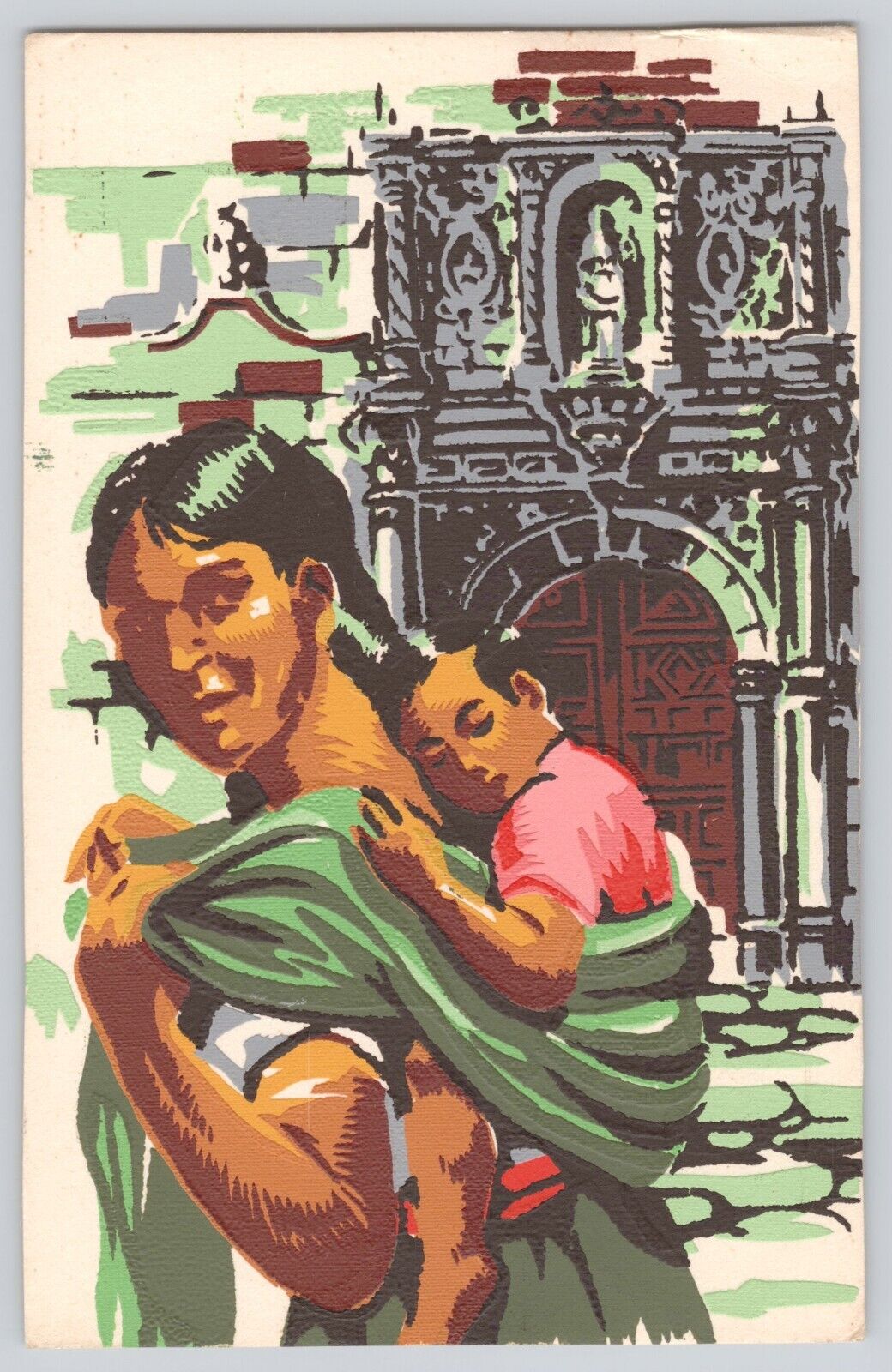 Postcard Mexico Hand Painted Drawn Art Woman & Baby Antique Unposted