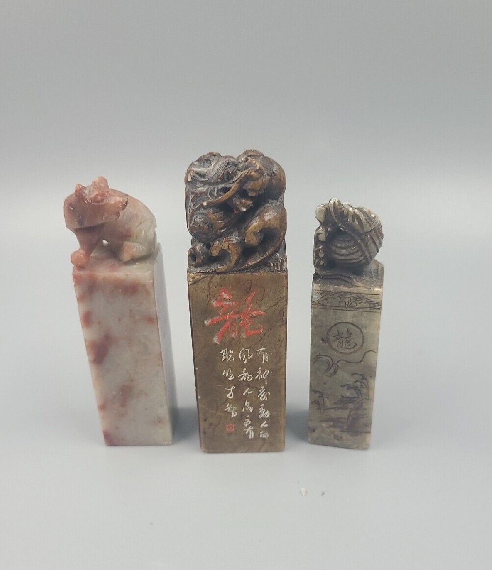 Vintage Chinese Wax Seal Stamp Lot Of 3 Carved Stone Dragon Bear Pig 
