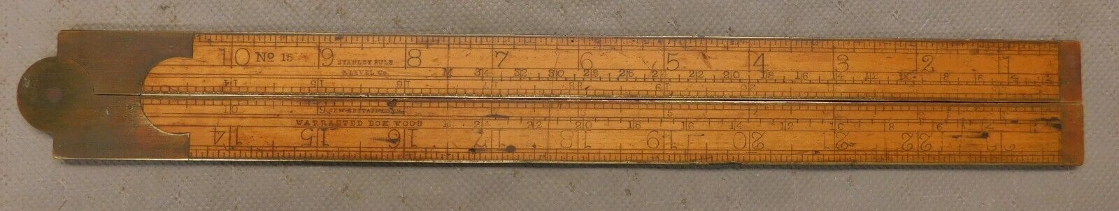 Antique No. 15 Stanley Rule & Level Co. 2' 2 Fold Boxwood Rule w/ Brass Slide