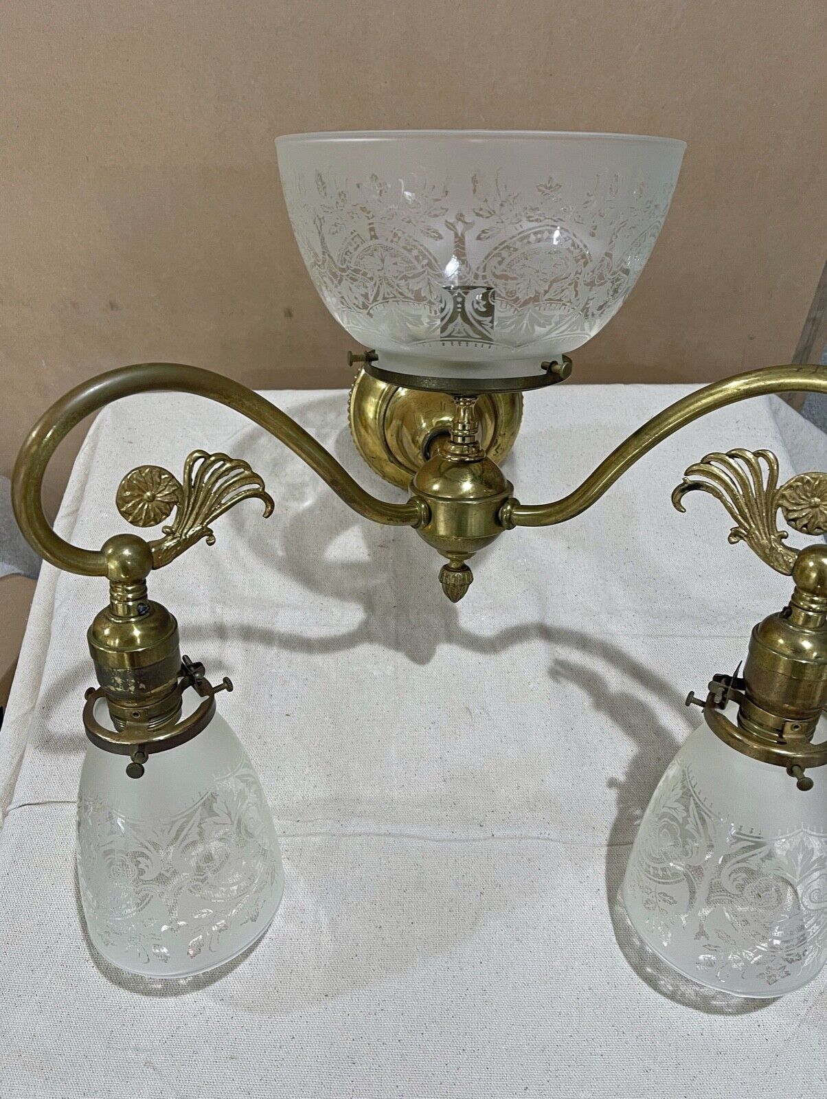 ANTIQUE RESTORED Brass 3 Light Sconce Etched Shades  HAVE 2