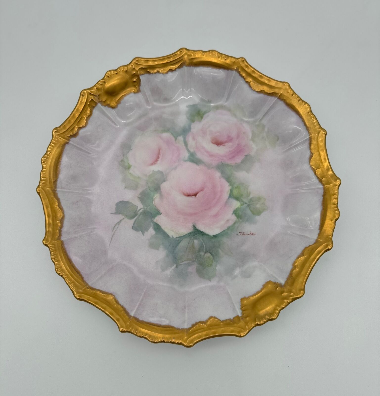 Antique Limoges Hand-Painted Pink Roses Plate Signed by Theola with Gold Trim