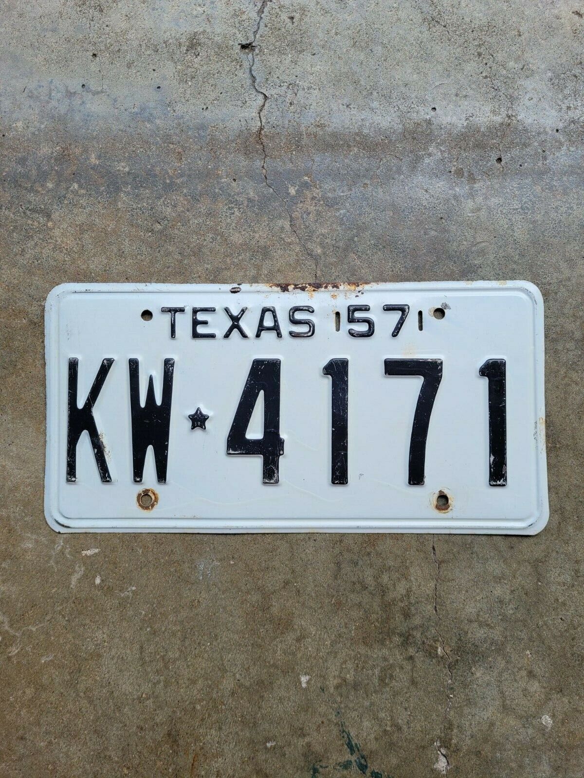 Vintage 1957 Texas License Plate White/Black KW 4171