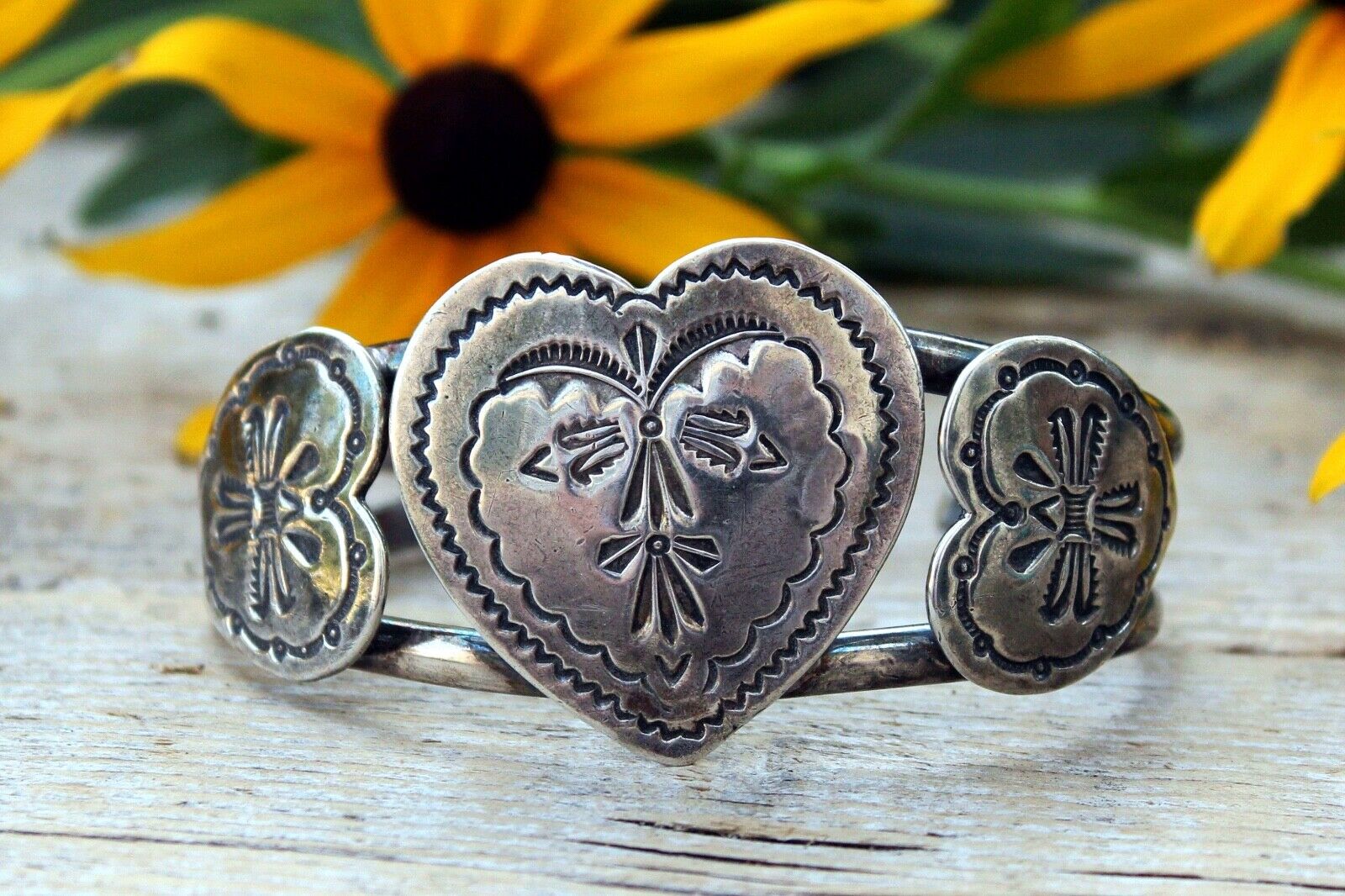 Heart Cuff Bracelet Navajo Stamped Sterling Handmade Native American Vintage