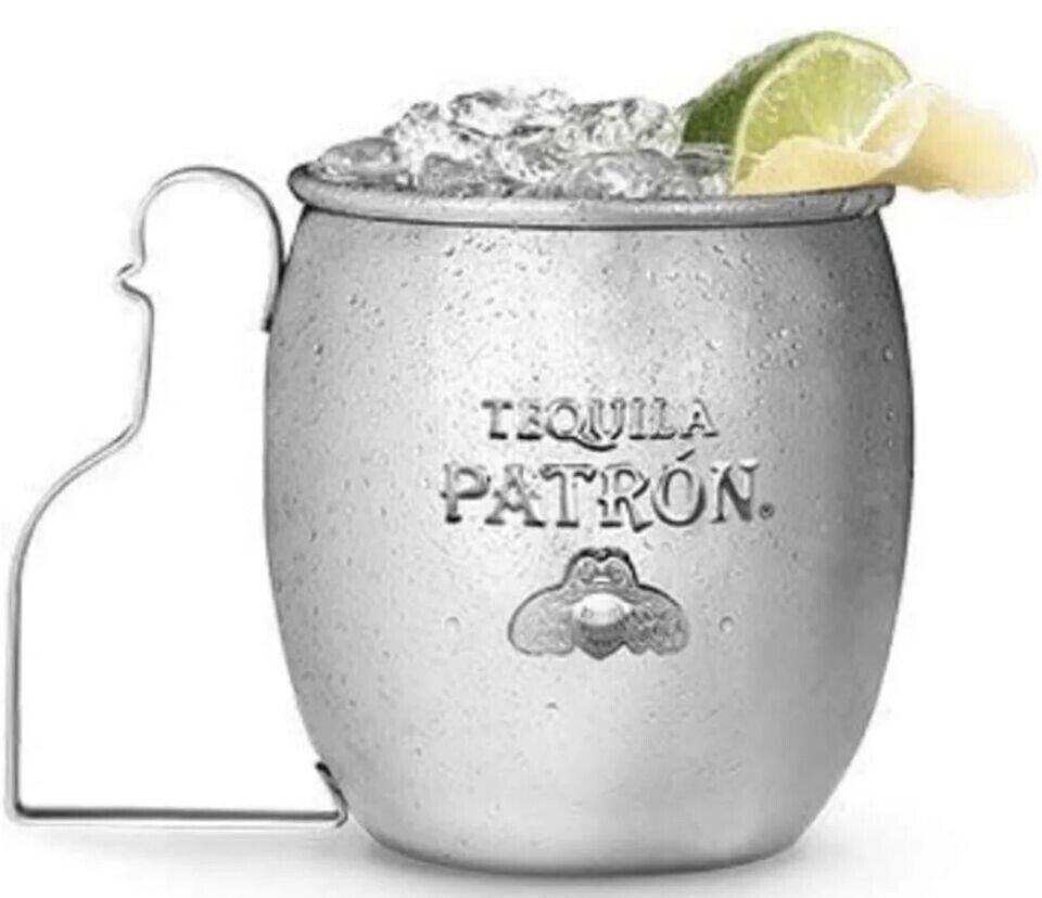 PATRON Stainless Steel Moscow Mule Mug Embossed Bee Emblem Unique Handle