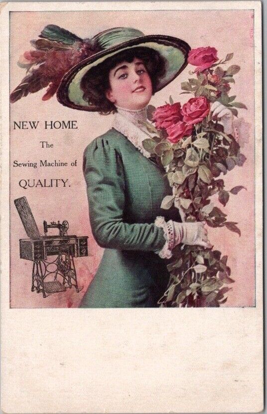 c1910s NEW HOME SEWING MACHINES Advertising Postcard Pretty Lady / Pink Roses