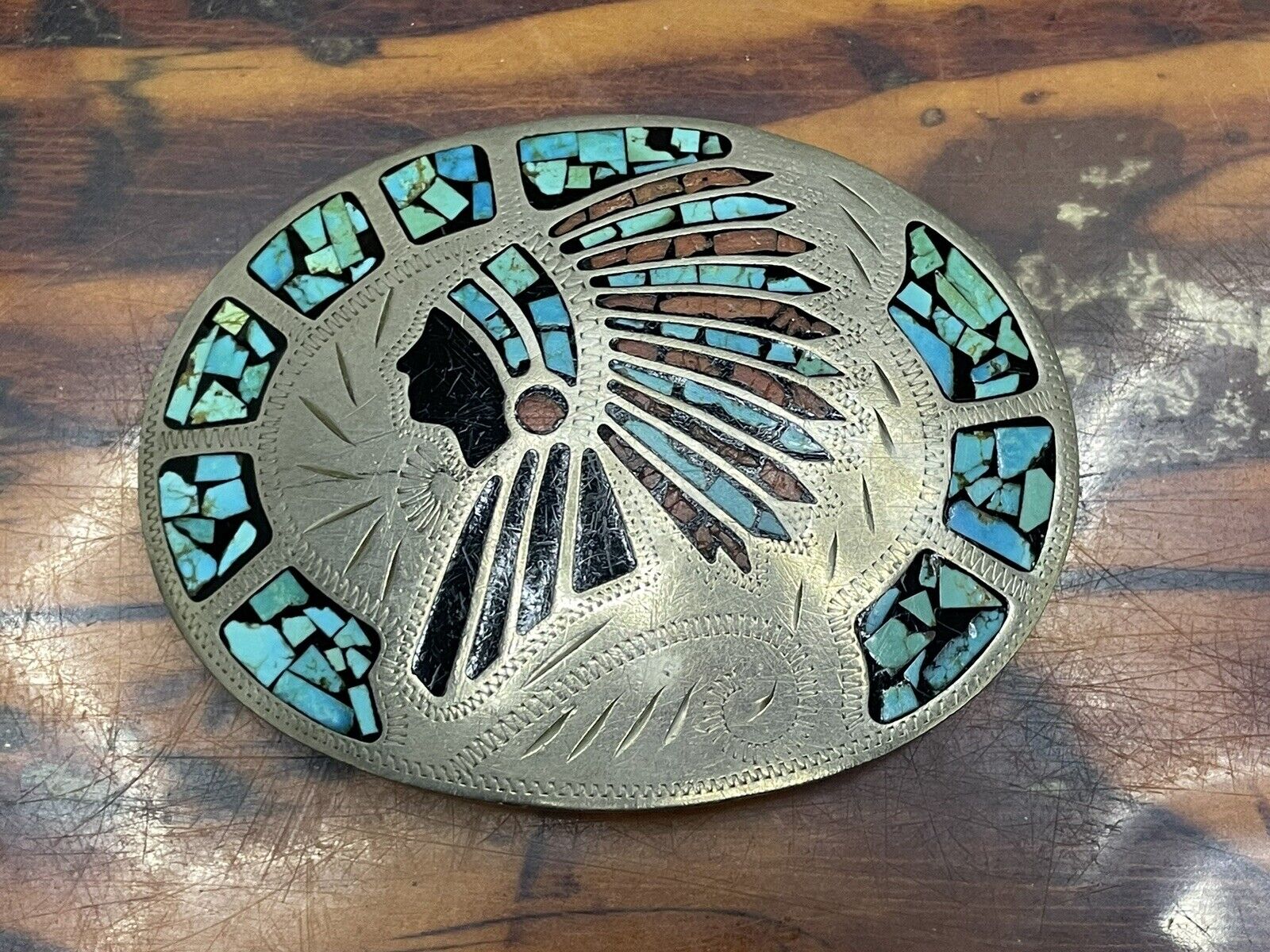 Vintage Johnson Held Turquoise Coral Indian Chief Inlay Western Belt Buckle
