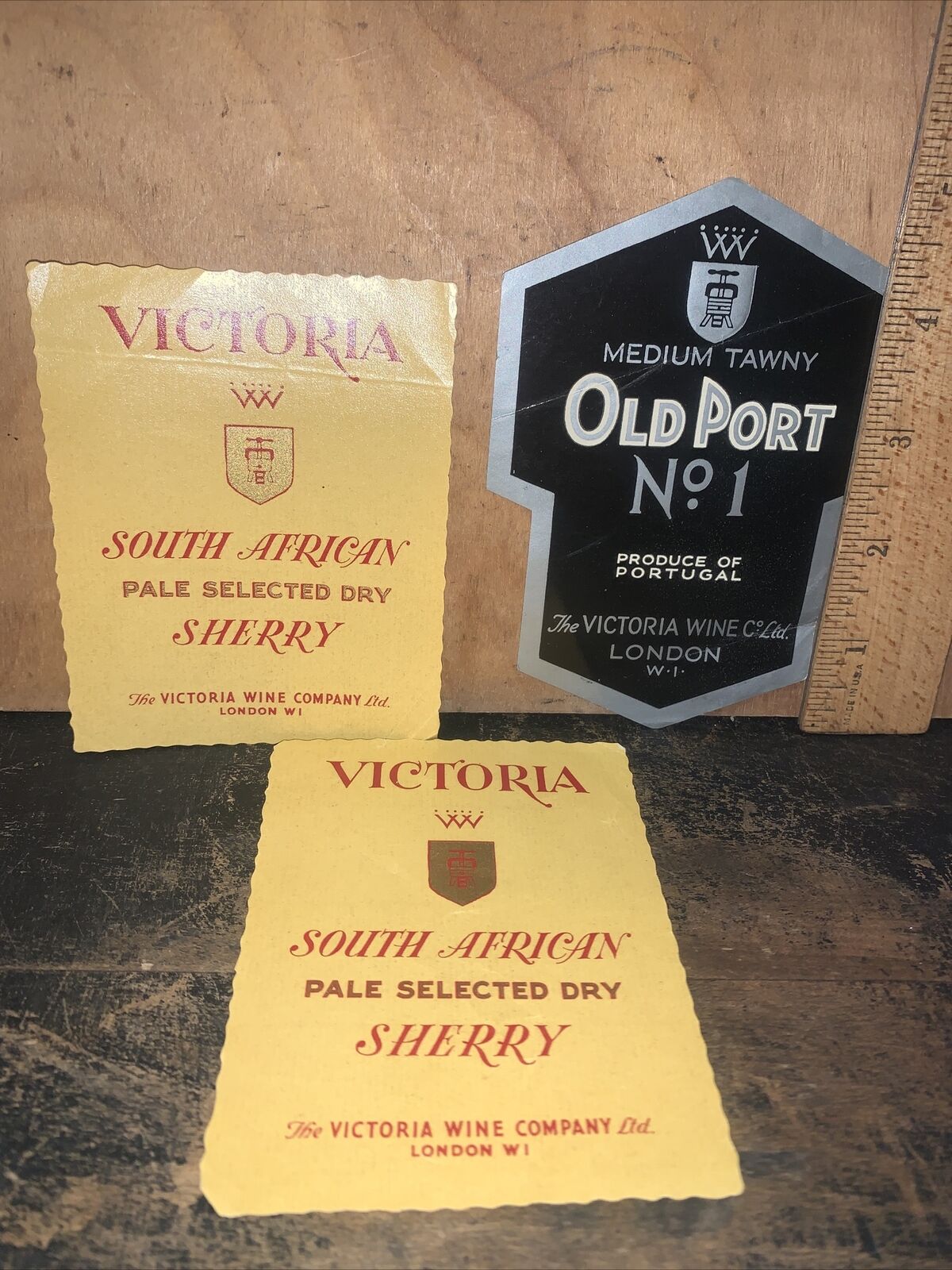 3 Vintage Wine Bottle Labels, Victoria Wine Company London.