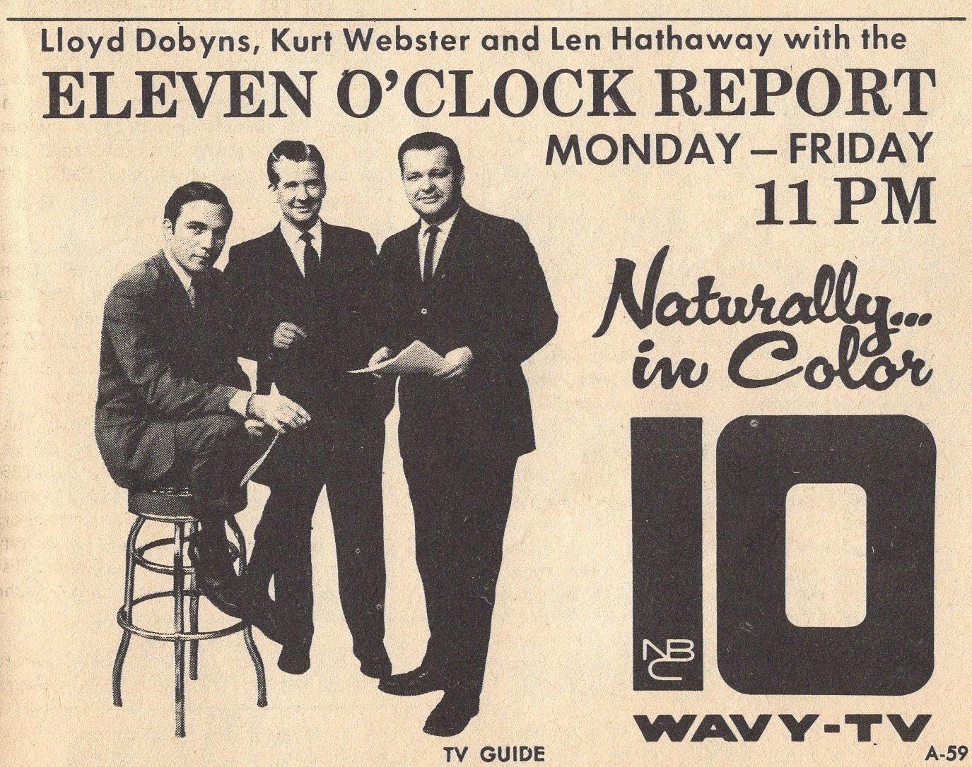 1967 WAVY TV NEWS AD LEN HATHAWAY KURT WEBSTER LLOYD DOBYNS NORFOLK,VIRGINIA