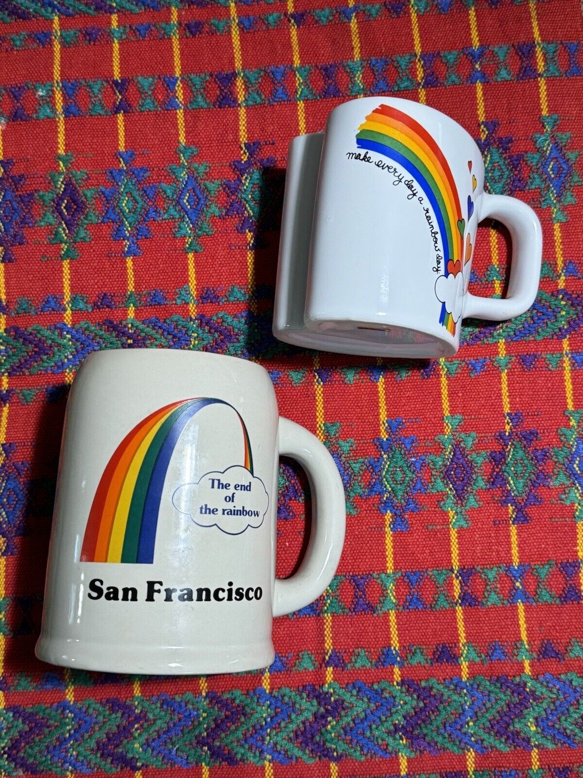 Two Vintage Rainbow Mugs San Francisco Beer Stein Heart Coffee Cup