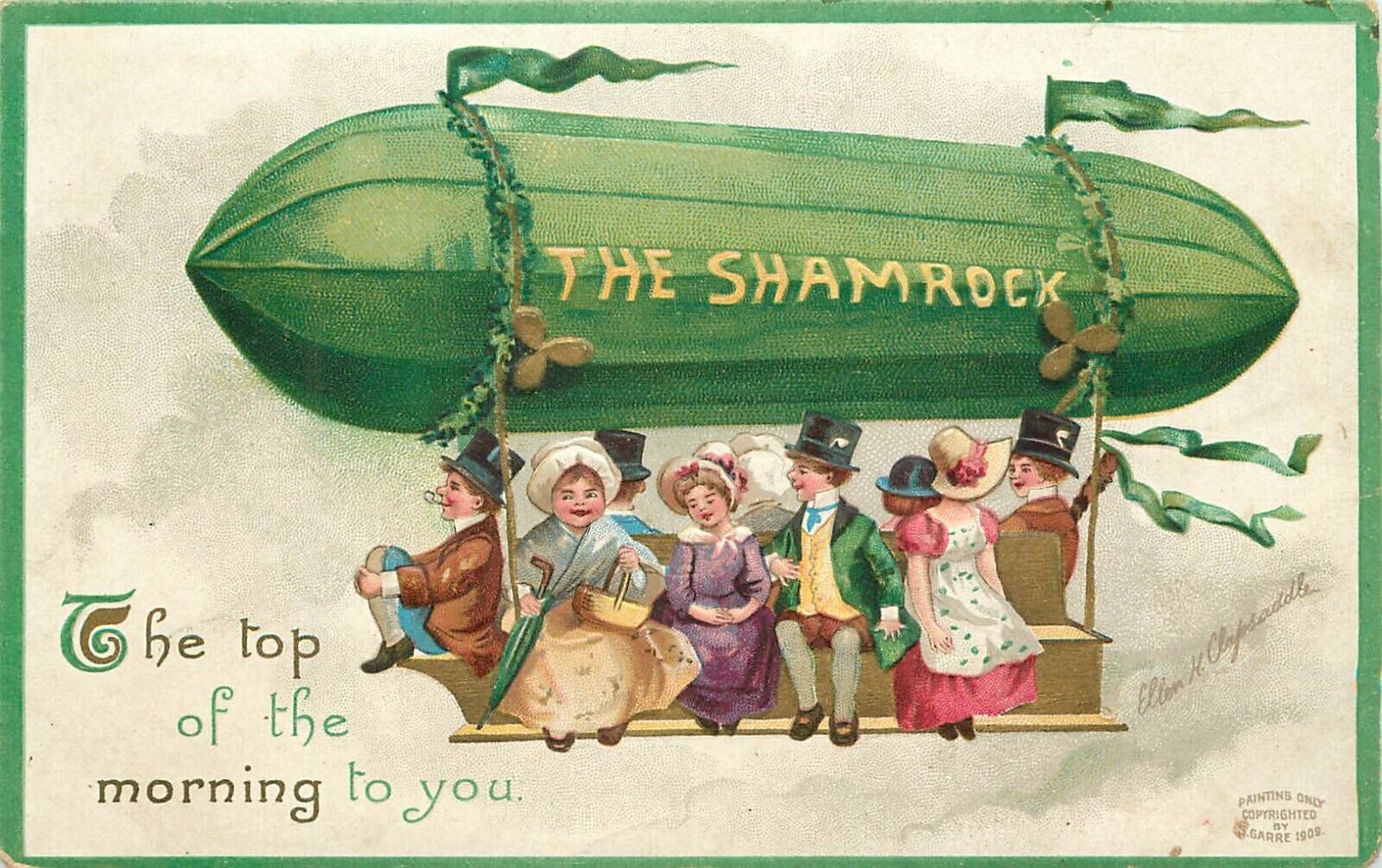 Embossed St. Patrick's Day Postcard Clapsaddle People Ride in Zeppelin Shamrock