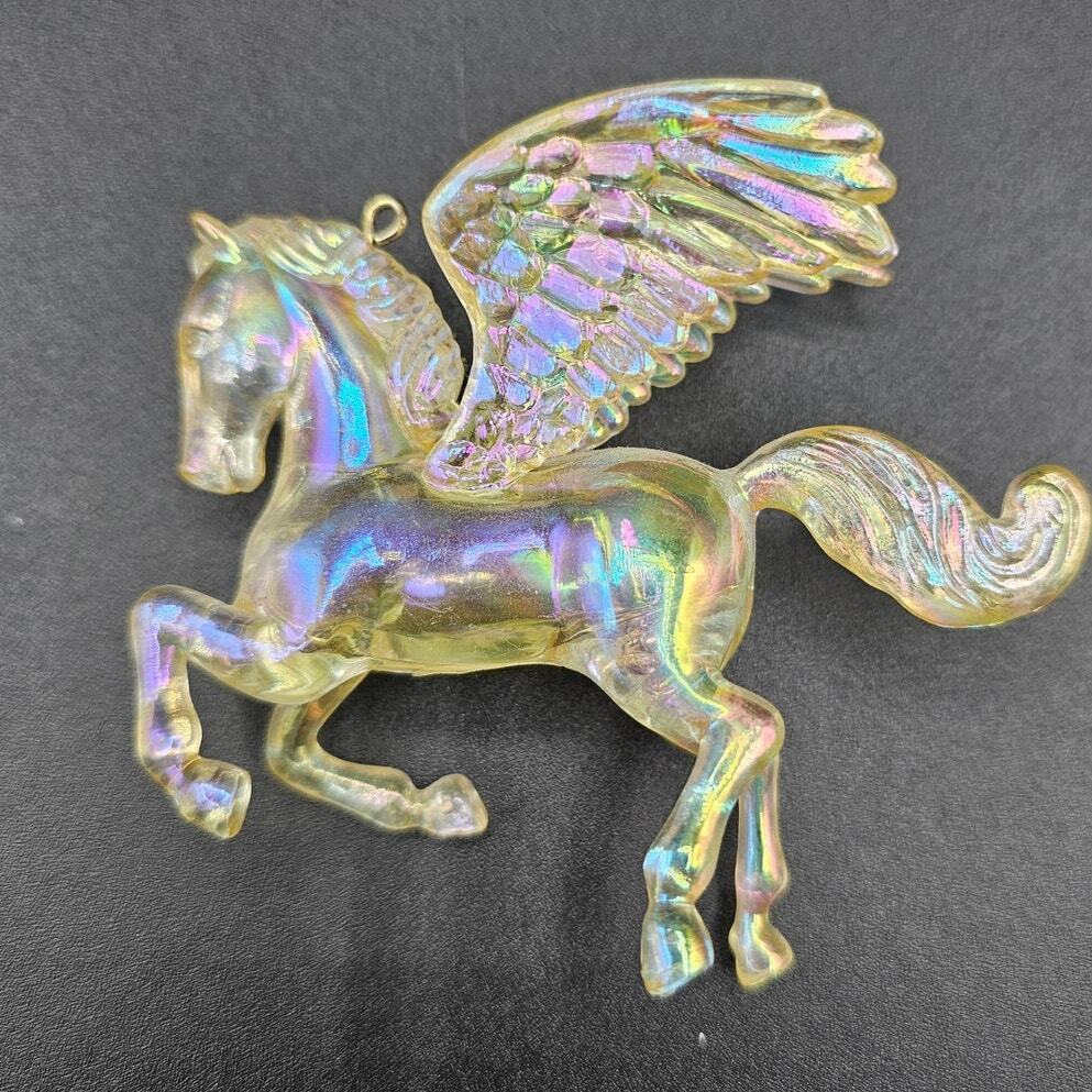 Vintage Y2K Plastic Unicorn Pegasus Christmas Ornament Iridescent 