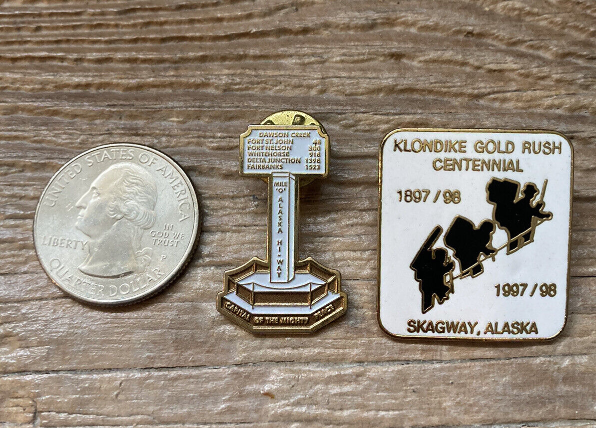Lot x2 ALASKA Lapel Pins- Klondike GOLD RUSH SKAGWAY Alaska Centennial/ Hi Way